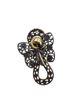 Vintage Brass Silver-Tone Angel Brooch Filigree Design 2 Inches